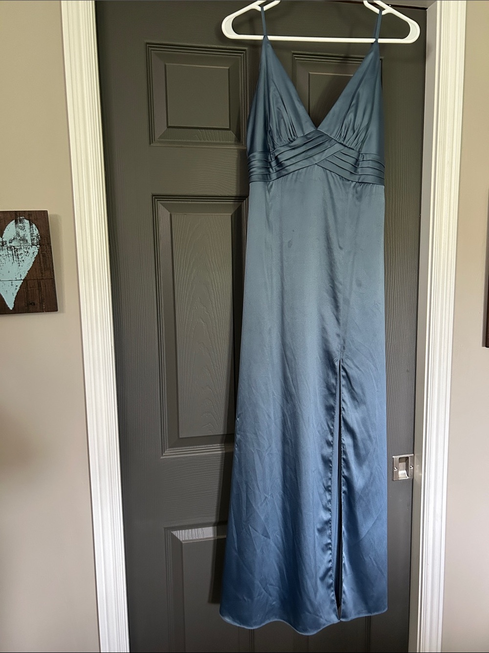 Blue Satin V-Neck Slip Gown with Side Slit